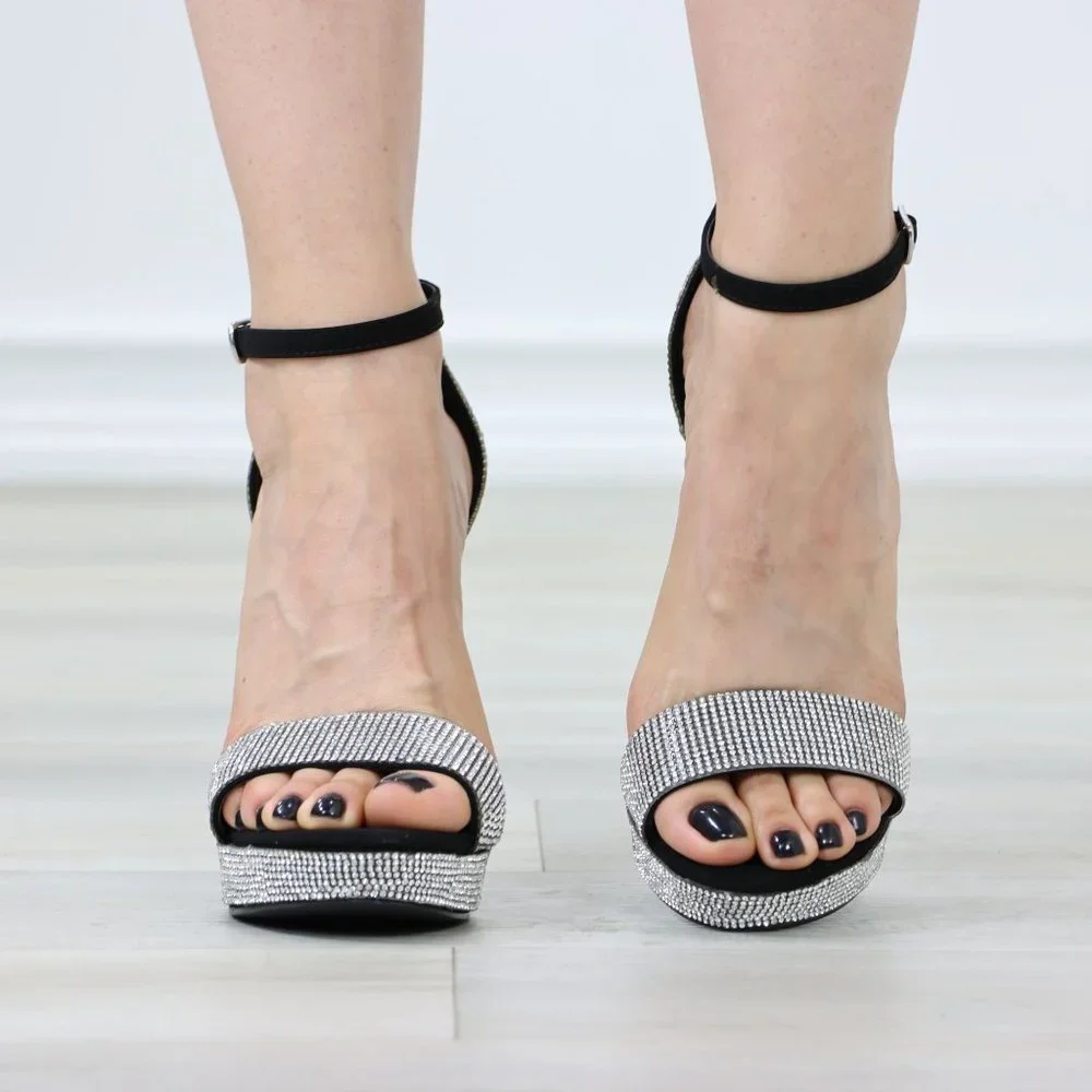 Black And Silver Sparkly Rhinestone Platform High Heels - Picture 8 of 12